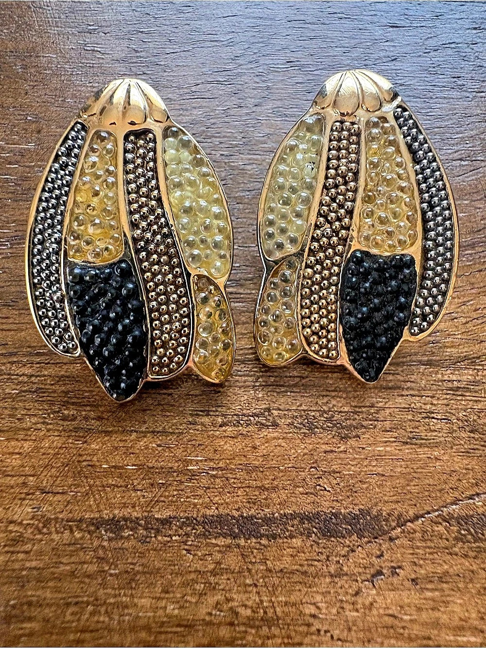 Vintage DeNicola Gold & Black Clip-On Earrings